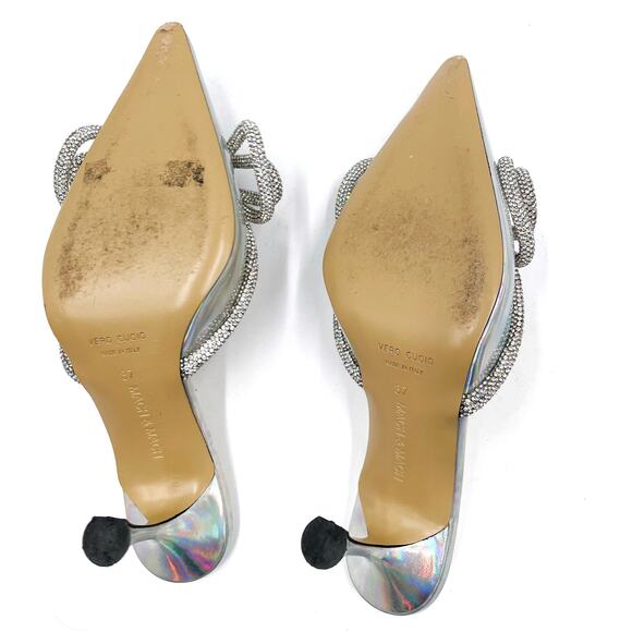 Mach & Mach Crystal Double Bow Mules Silver Iridescent Kitten Heel‎ Sz 37 / 7 - Picture 10 of 11